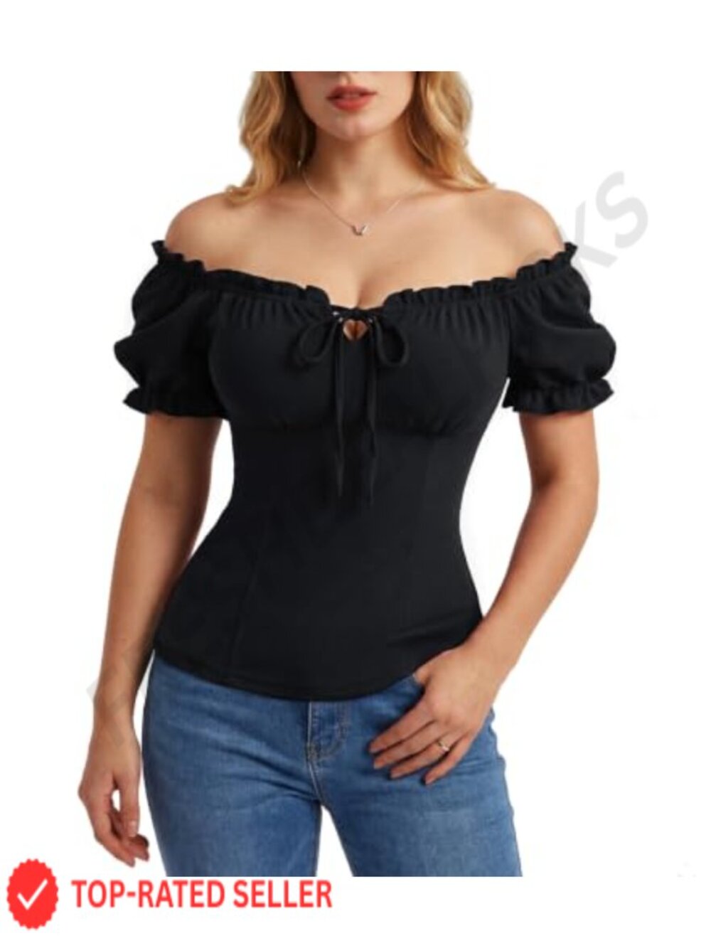 Womens Peasant Blouse Off Shoulder Square Neck Puff Sleeve Renaissance Top